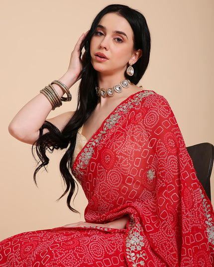 Chiffon Bandhani Printed Saree with Embroidered Blouse Piece