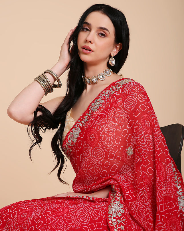 Chiffon Bandhani Printed Saree with Embroidered Blouse Piece