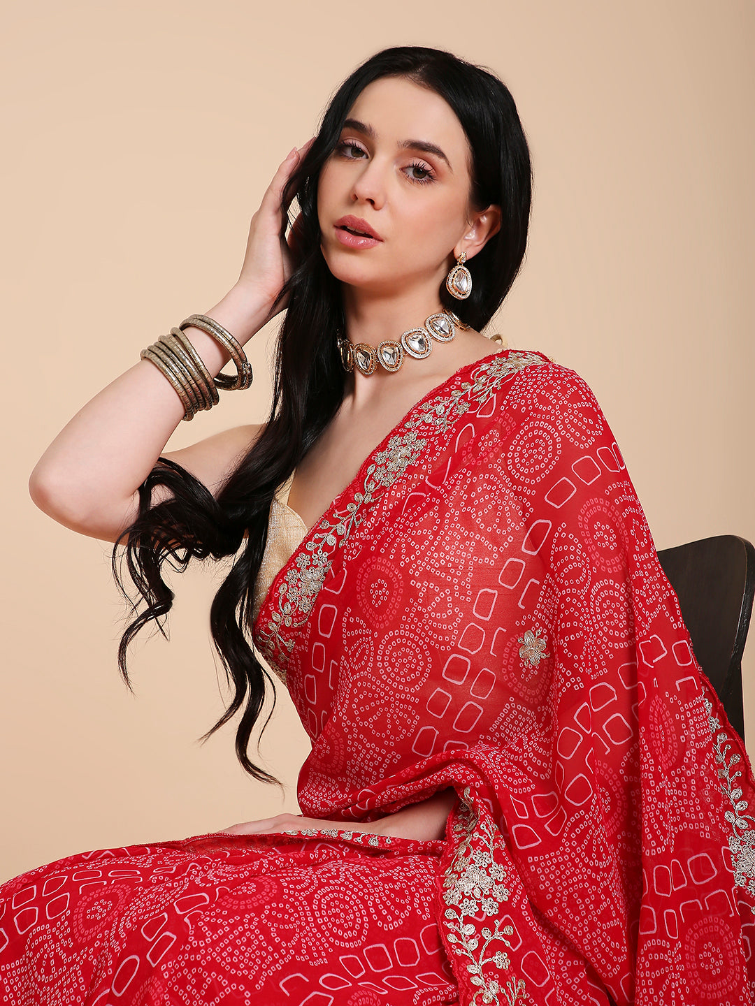 Chiffon Bandhani Printed Saree with Embroidered Blouse Piece