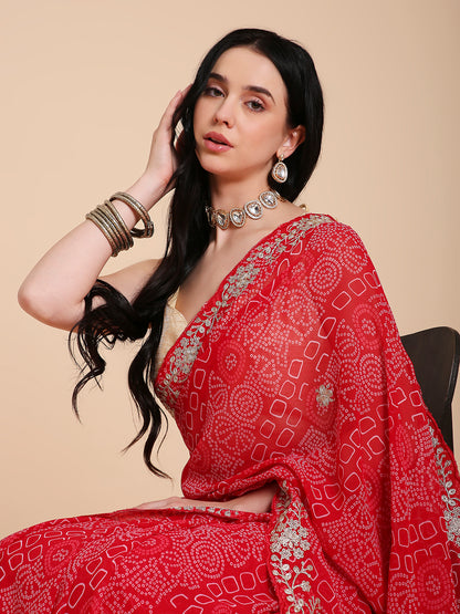 Chiffon Bandhani Printed Saree with Embroidered Blouse Piece