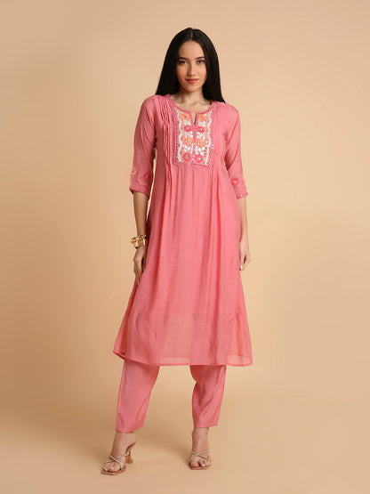RATAN Women's Hand Embroidered Mul Cotton Chanderi Flared Ethnic Kurta Pant Set