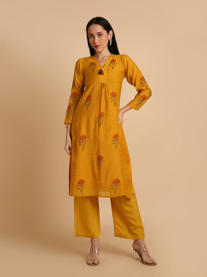 Women's Hand Block Printed Mul Cotton Chanderi Flared Ethnic Kurta Pant Set