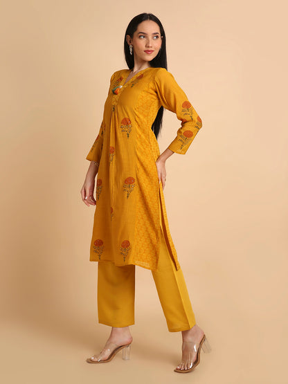 Women's Hand Block Printed Mul Cotton Chanderi Flared Ethnic Kurta Pant Set