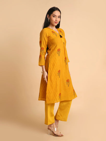 Women's Hand Block Printed Mul Cotton Chanderi Flared Ethnic Kurta Pant Set