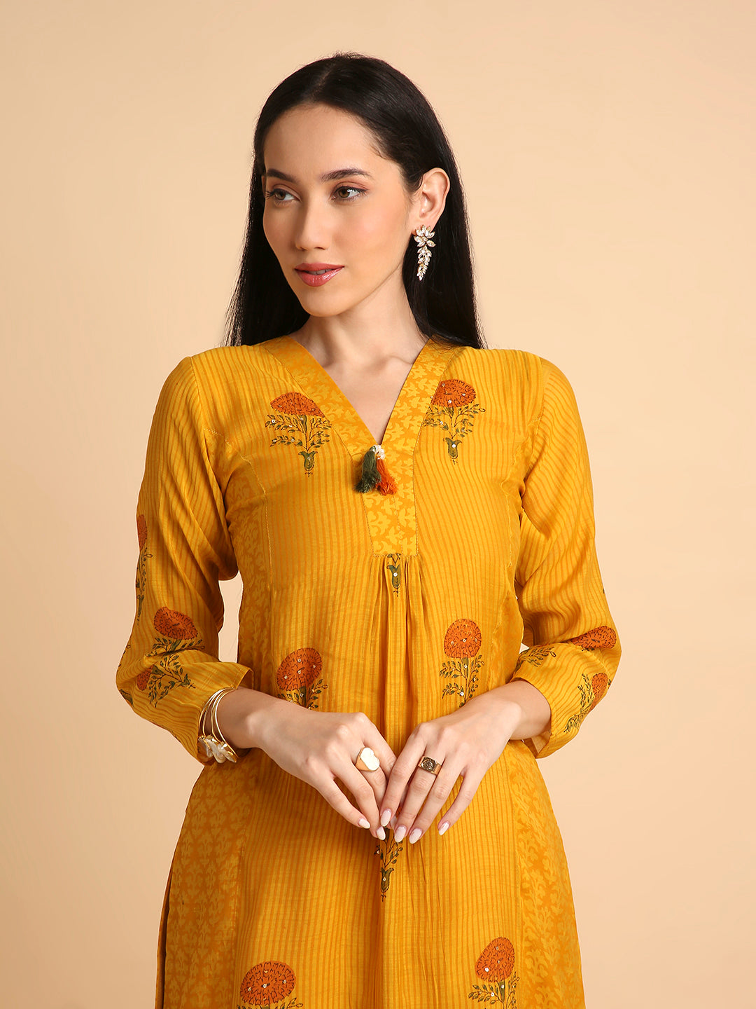 Women's Hand Block Printed Mul Cotton Chanderi Flared Ethnic Kurta Pant Set