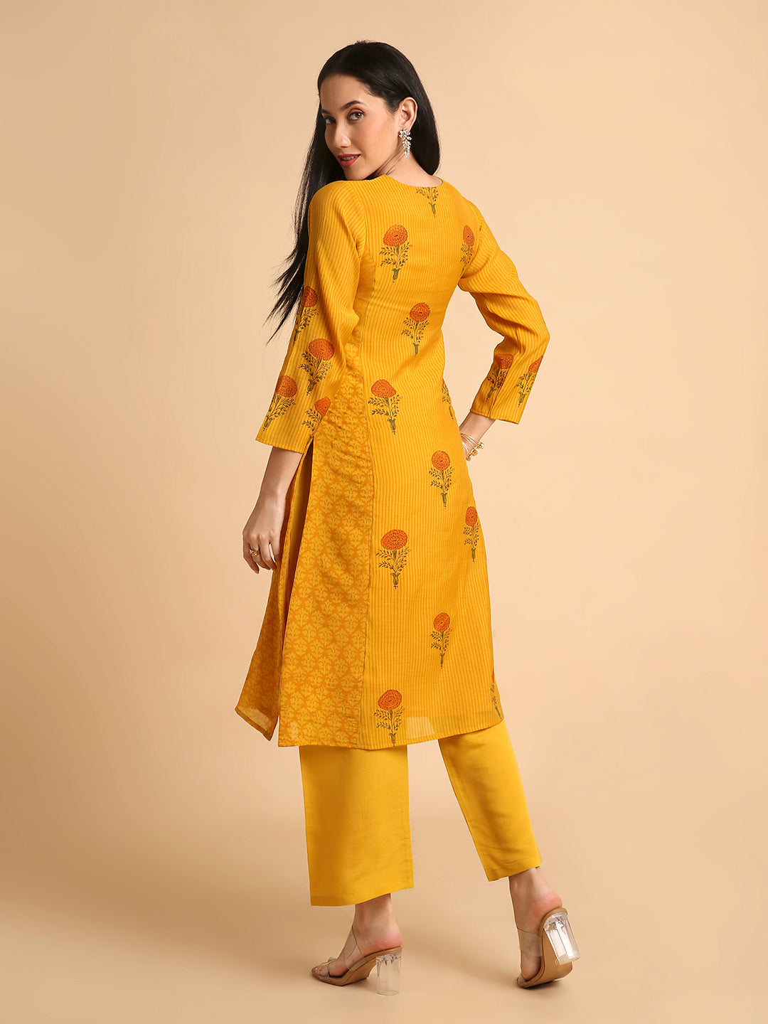 Women's Hand Block Printed Mul Cotton Chanderi Flared Ethnic Kurta Pant Set