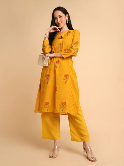 Women's Hand Block Printed Mul Cotton Chanderi Flared Ethnic Kurta Pant Set