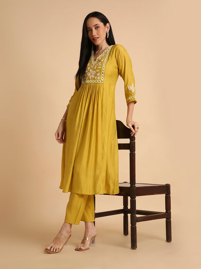 RATAN Women's Hand Embroidered Mul Cotton Chanderi Flared Ethnic Kurta Pant Set