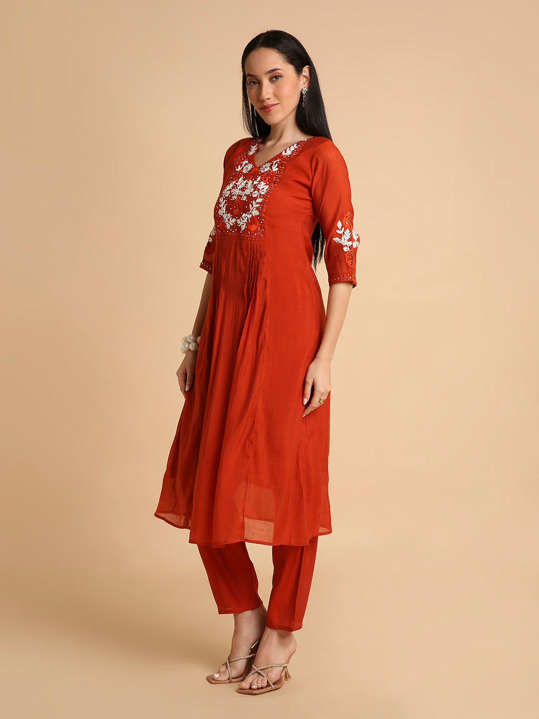RATAN Women's Hand Embroidered Mul Cotton Chanderi Flared Ethnic Kurta Pant Set