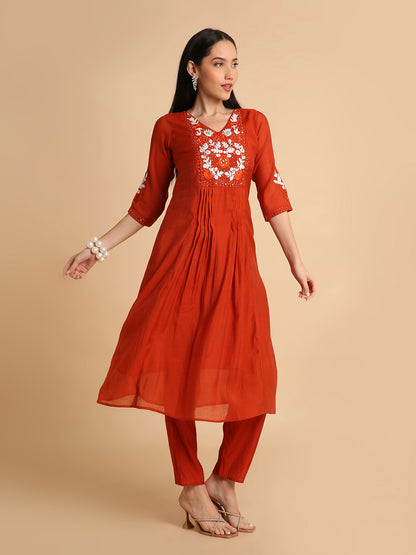 RATAN Women's Hand Embroidered Mul Cotton Chanderi Flared Ethnic Kurta Pant Set