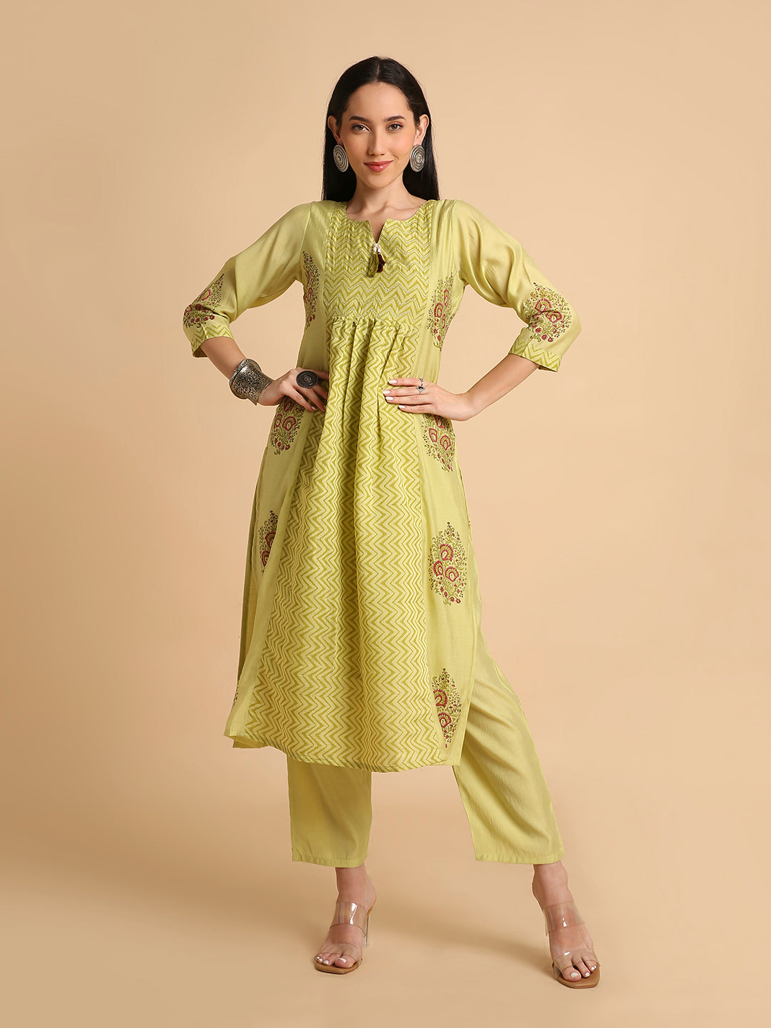 Women's Hand Block Printed Mul Cotton Chanderi Flared Ethnic Kurta Pant Set