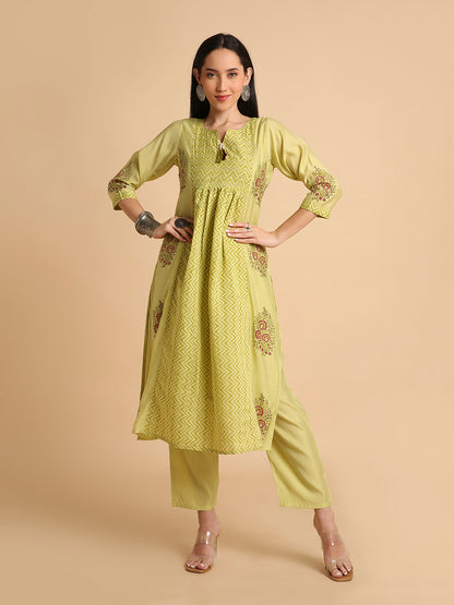 Women's Hand Block Printed Mul Cotton Chanderi Flared Ethnic Kurta Pant Set