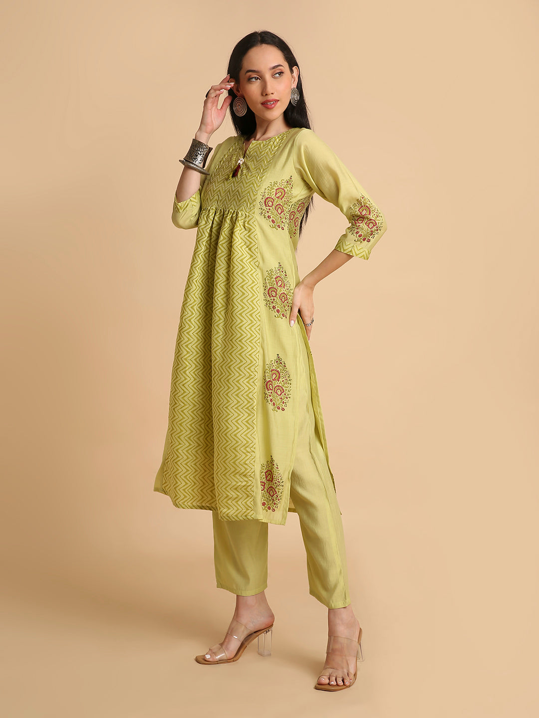 Women's Hand Block Printed Mul Cotton Chanderi Flared Ethnic Kurta Pant Set