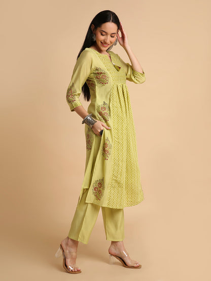 Women's Hand Block Printed Mul Cotton Chanderi Flared Ethnic Kurta Pant Set