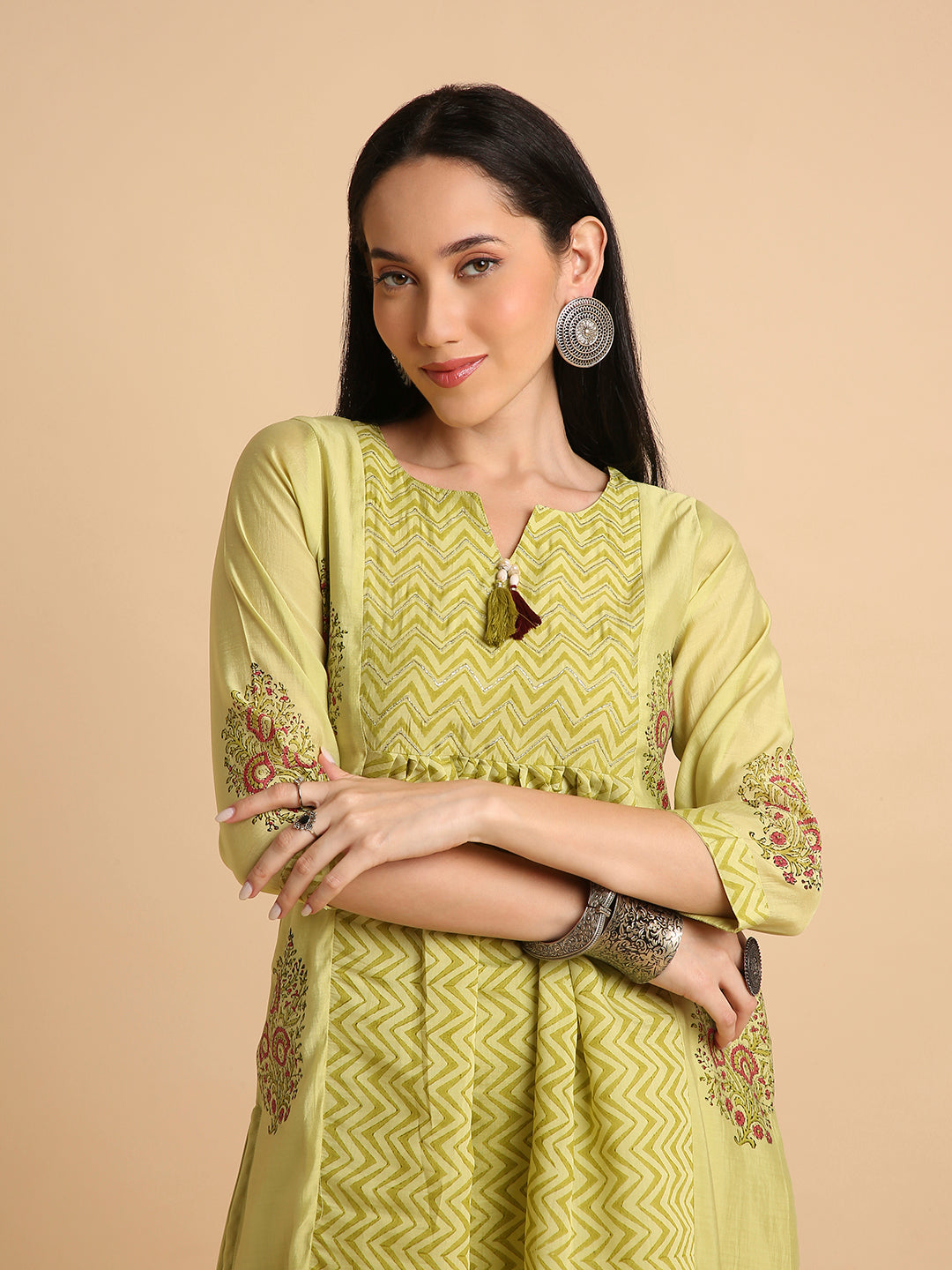Women's Hand Block Printed Mul Cotton Chanderi Flared Ethnic Kurta Pant Set