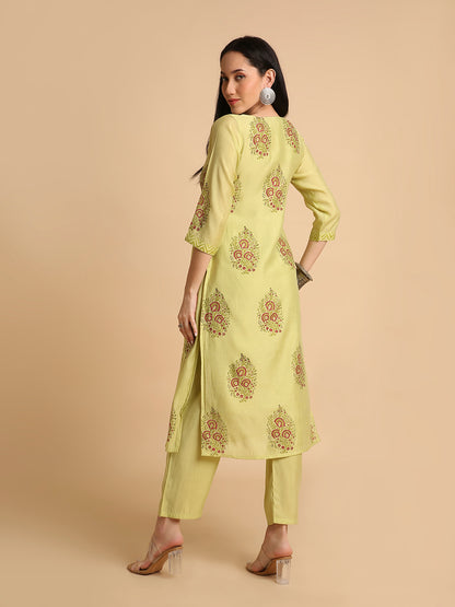 Women's Hand Block Printed Mul Cotton Chanderi Flared Ethnic Kurta Pant Set