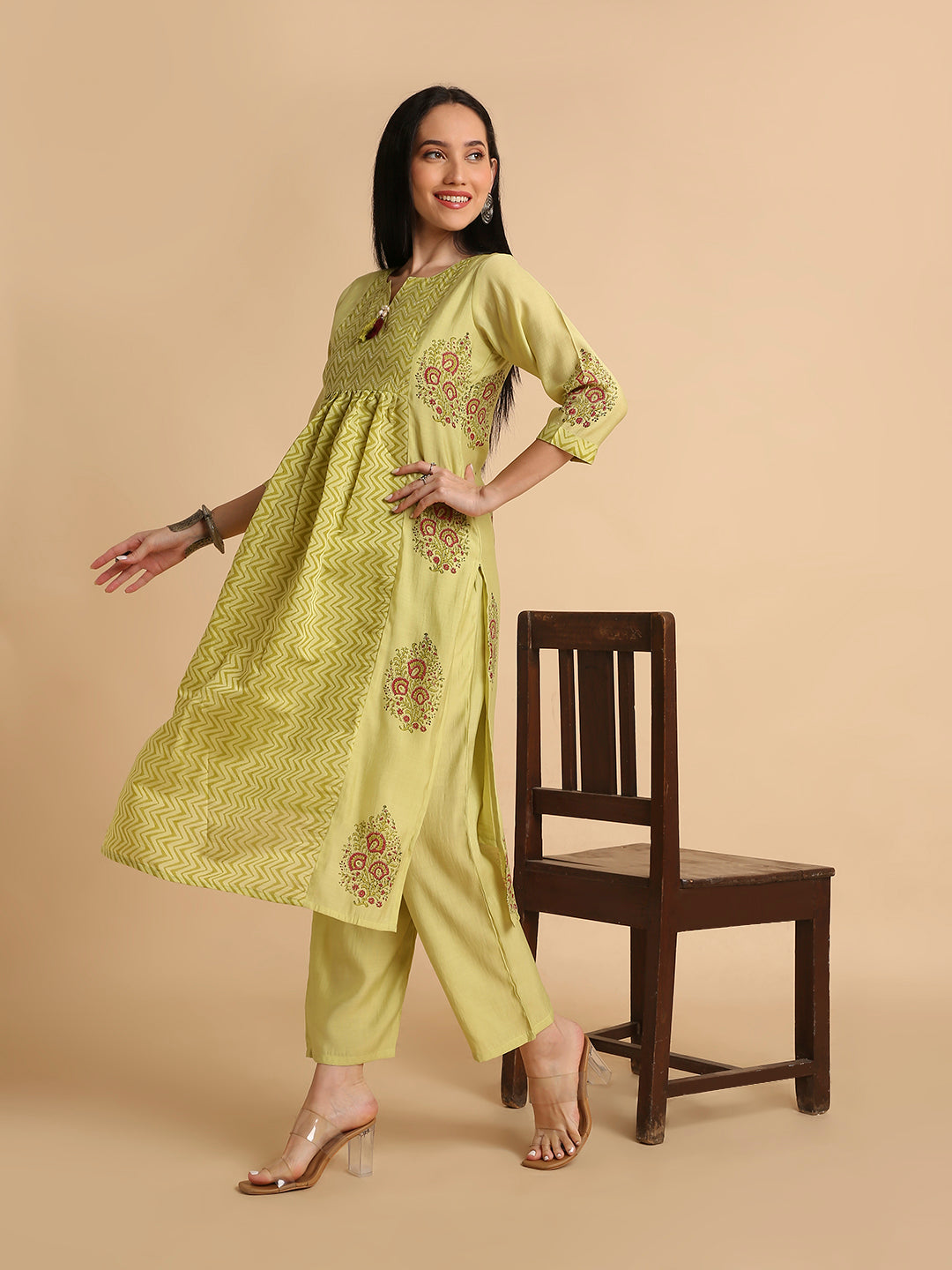 Women's Hand Block Printed Mul Cotton Chanderi Flared Ethnic Kurta Pant Set