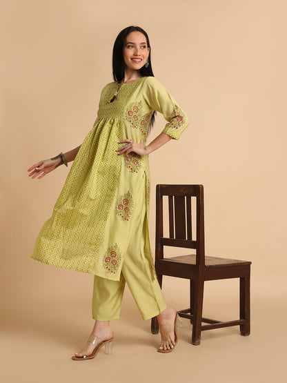 Women's Hand Block Printed Mul Cotton Chanderi Flared Ethnic Kurta Pant Set