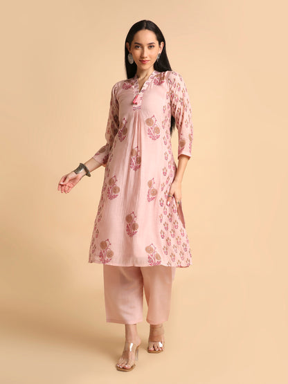 Women's Hand Block Printed Mul Cotton Chanderi Flared Ethnic Kurta Pant Set