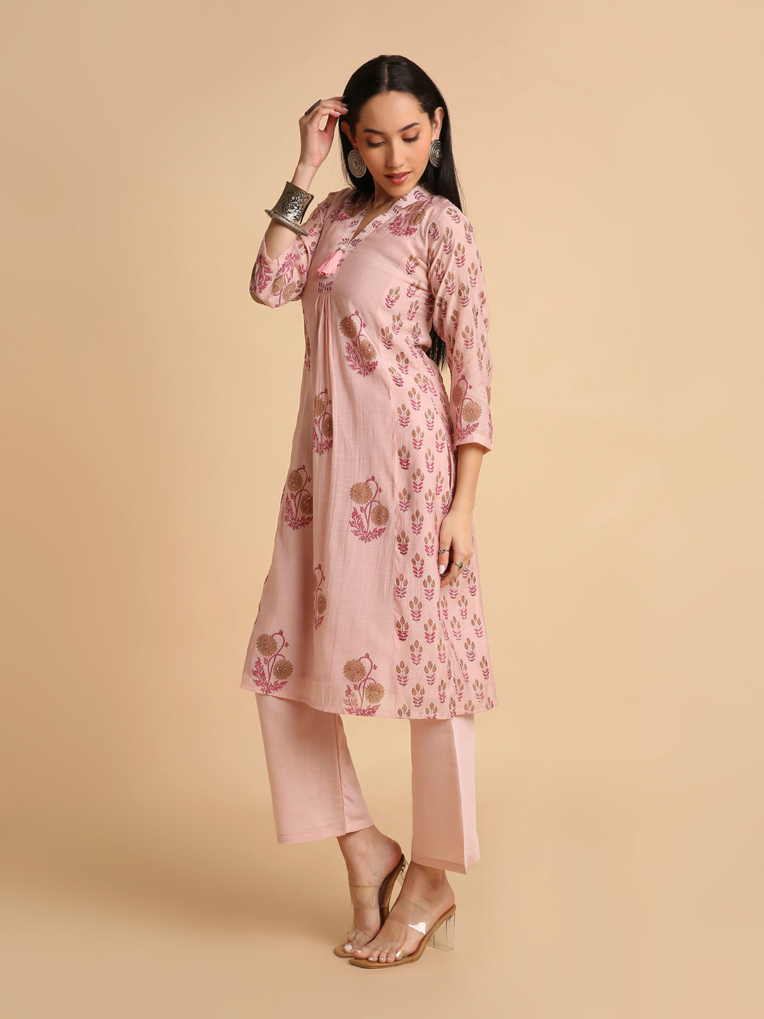 Women's Hand Block Printed Mul Cotton Chanderi Flared Ethnic Kurta Pant Set