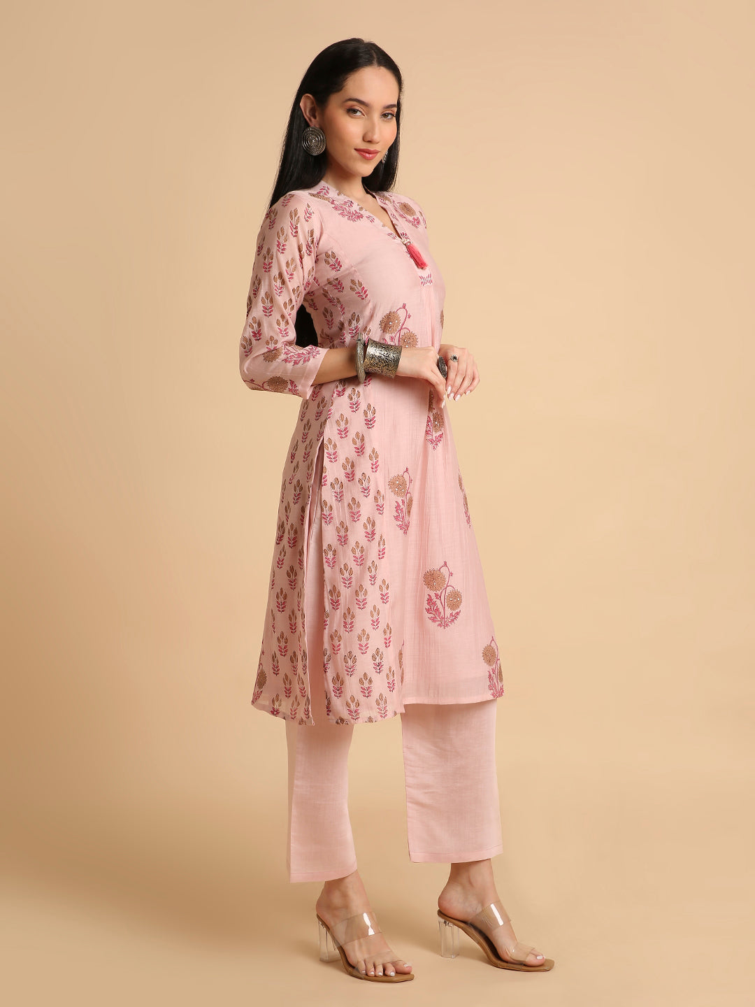 Women's Hand Block Printed Mul Cotton Chanderi Flared Ethnic Kurta Pant Set