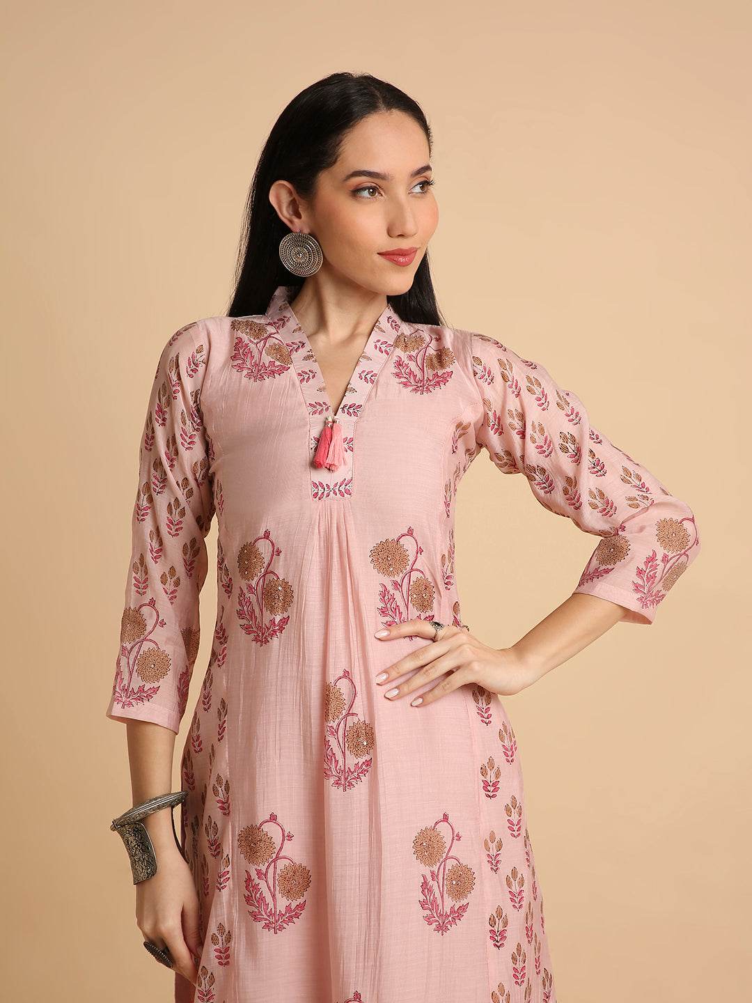 Women's Hand Block Printed Mul Cotton Chanderi Flared Ethnic Kurta Pant Set