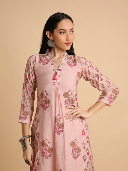 Women's Hand Block Printed Mul Cotton Chanderi Flared Ethnic Kurta Pant Set