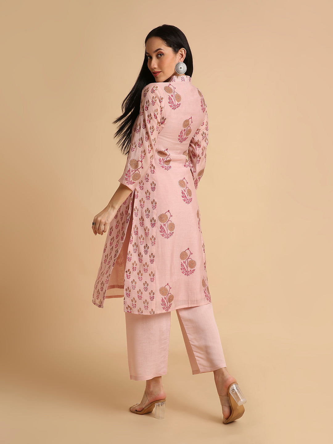 Women's Hand Block Printed Mul Cotton Chanderi Flared Ethnic Kurta Pant Set