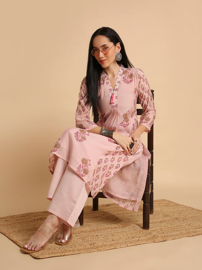 Women's Hand Block Printed Mul Cotton Chanderi Flared Ethnic Kurta Pant Set