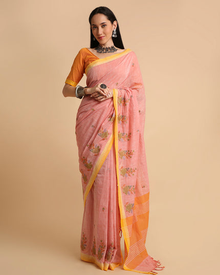 Pure Cotton Handloom Embroidered Saree with Blouse Piece