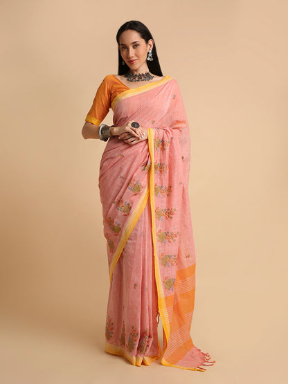 Pure Cotton Handloom Embroidered Saree with Blouse Piece
