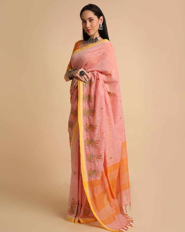 Pure Cotton Handloom Embroidered Saree with Blouse Piece