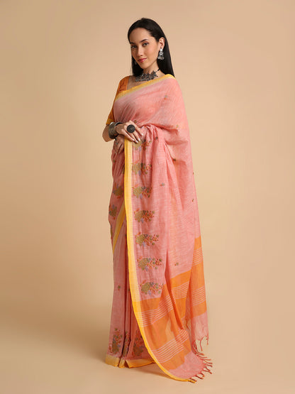 Pure Cotton Handloom Embroidered Saree with Blouse Piece
