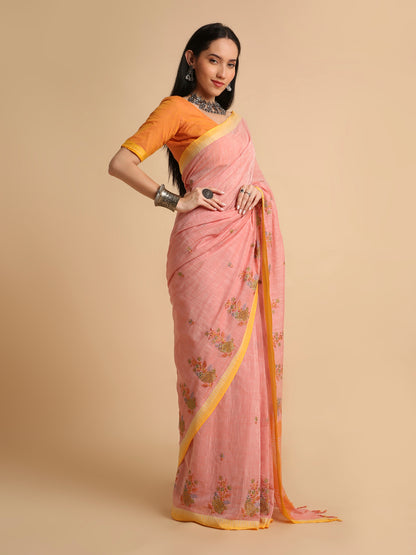 Pure Cotton Handloom Embroidered Saree with Blouse Piece