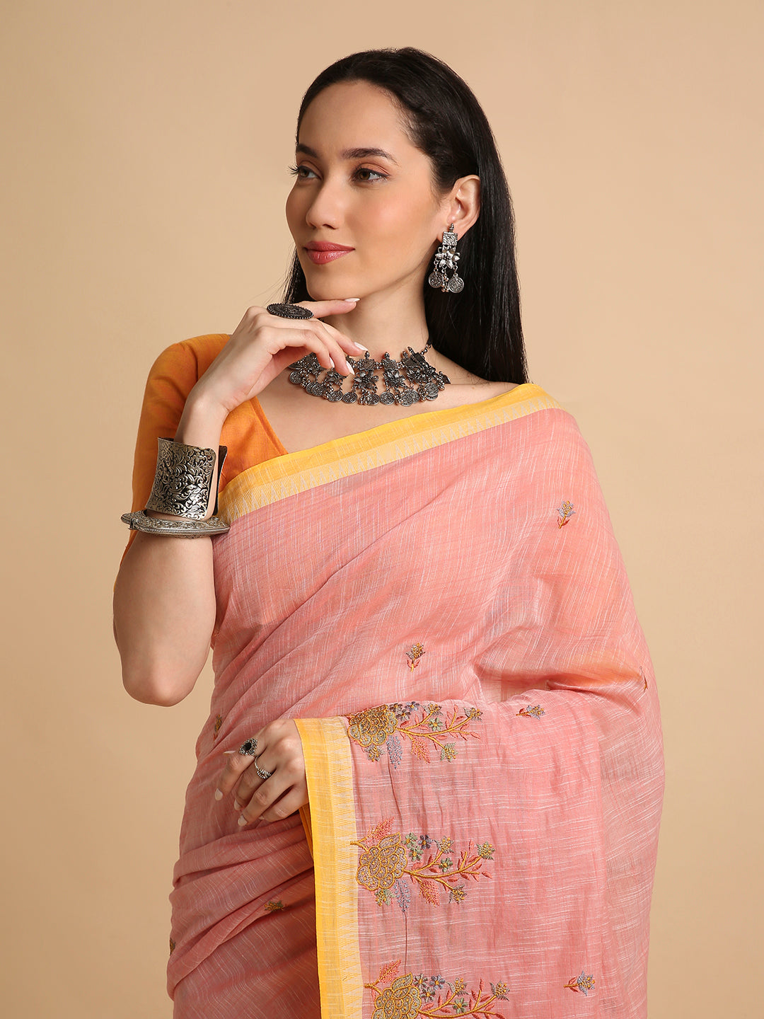 Pure Cotton Handloom Embroidered Saree with Blouse Piece