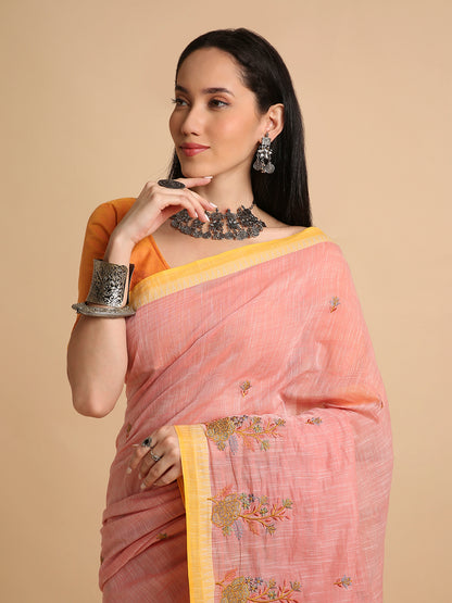 Pure Cotton Handloom Embroidered Saree with Blouse Piece