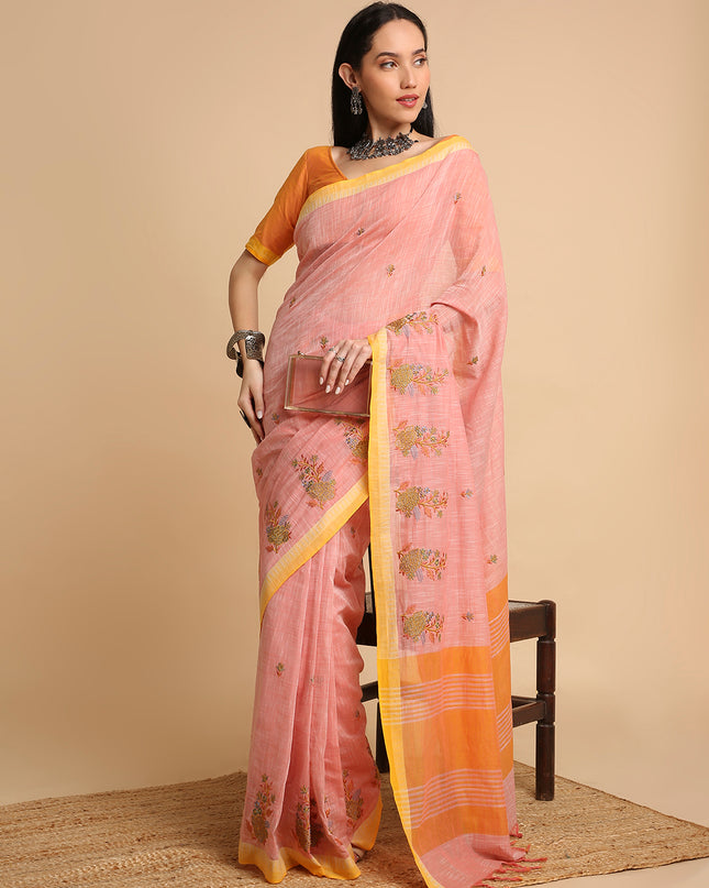 Pure Cotton Handloom Embroidered Saree with Blouse Piece