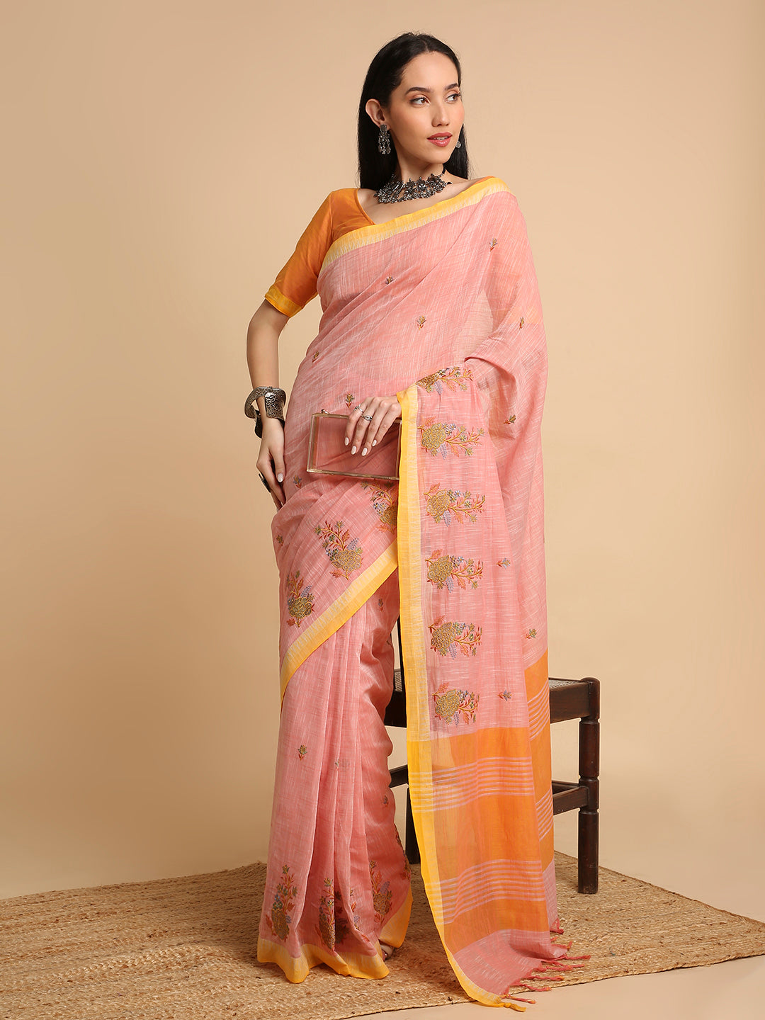 Pure Cotton Handloom Embroidered Saree with Blouse Piece