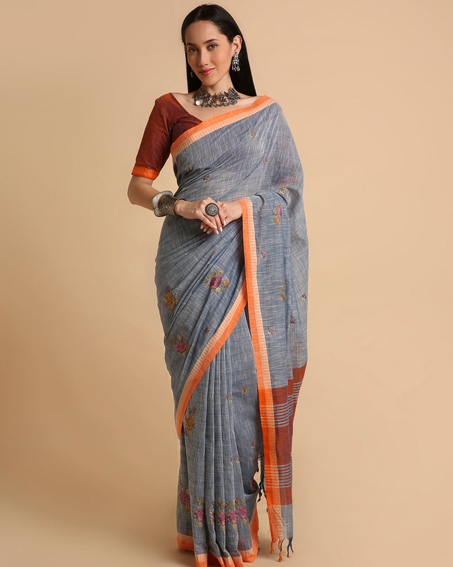Pure Cotton Handloom Embroidered Saree with Blouse Piece