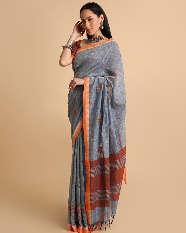 Pure Cotton Handloom Embroidered Saree with Blouse Piece