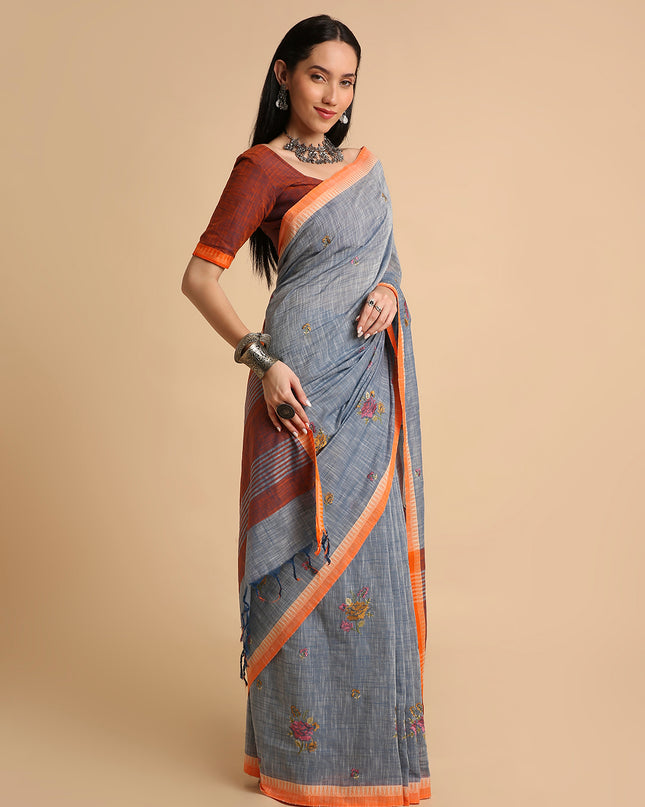 Pure Cotton Handloom Embroidered Saree with Blouse Piece