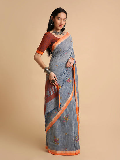 Pure Cotton Handloom Embroidered Saree with Blouse Piece