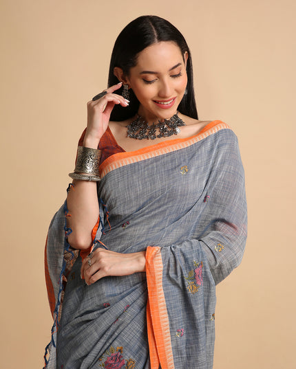 Pure Cotton Handloom Embroidered Saree with Blouse Piece