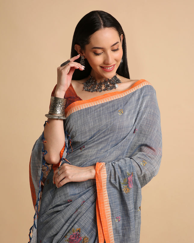 Pure Cotton Handloom Embroidered Saree with Blouse Piece