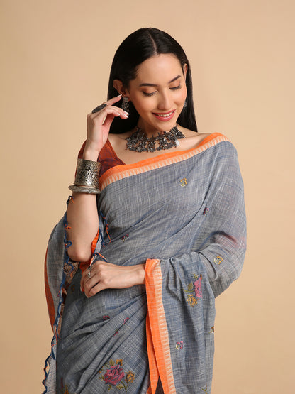 Pure Cotton Handloom Embroidered Saree with Blouse Piece