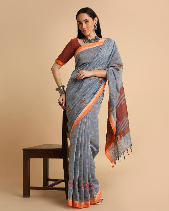 Pure Cotton Handloom Embroidered Saree with Blouse Piece