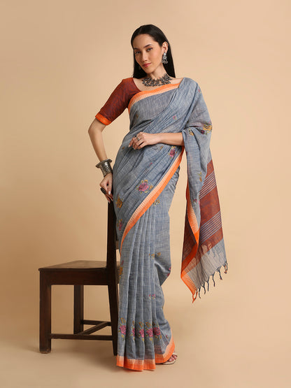 Pure Cotton Handloom Embroidered Saree with Blouse Piece