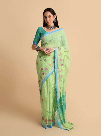 Pure Cotton Handloom Embroidered Saree with Blouse Piece