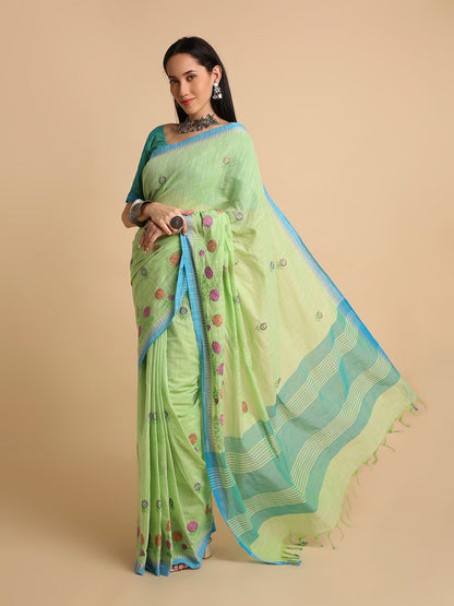 Pure Cotton Handloom Embroidered Saree with Blouse Piece