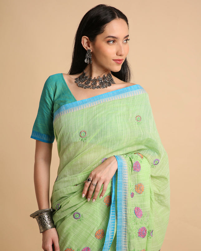 Pure Cotton Handloom Embroidered Saree with Blouse Piece